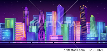 Night neon cityscape. Cyberpunk town panorama, futuristic dark urban skyline glowing skyscraper modern buildings digital abstract nightlife background, swanky vector illustration Night neon cityscape. Cyberpunk town panorama, futuristic dark urban skyline glowing skyscraper modern buildings digital abstract nightlife background, swanky vector illustration 123860699