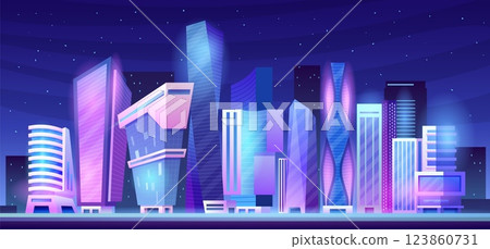 Cartoon futuristic city. Metropolis future building architecture, cyberpunk neon town night landscape modern office skyscraper, cityscape game background swanky vector illustration 123860731