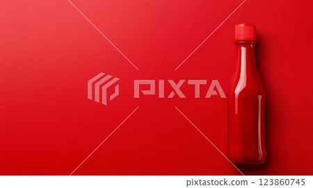 Red bottle of tomato ketchup on red surface 123860745