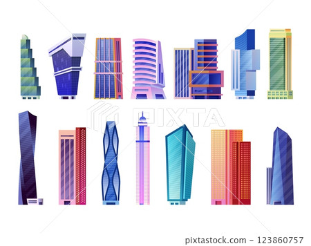 Cartoon skyscrapers buildings. City skyscraper set, urban tall tower apartment or corporate business office modern high building architecture town house, swanky vector illustration Cartoon skyscrapers buildings. City skyscraper set, urban tall tower apartment or corporate business office modern high building architecture town house, swanky vector illustration 123860757