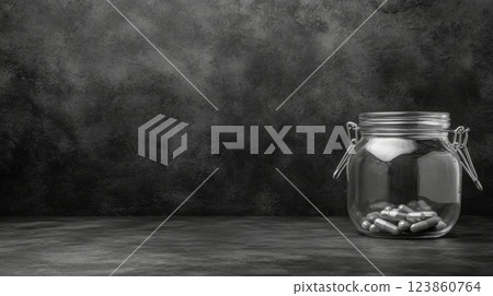 Capsules in Glass Jar, Black and White Still Life 123860764