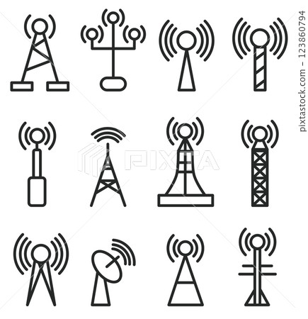 Telecom towers icons. Radio antenna cellular mast line icon telecommunication company logo, network base transmitter aerial phone signal 4g 5g satellite neat vector illustration Telecom towers icons. Radio antenna cellular mast line icon telecommunication company logo, network base transmitter aerial phone signal 4g 5g satellite neat vector illustration 123860794