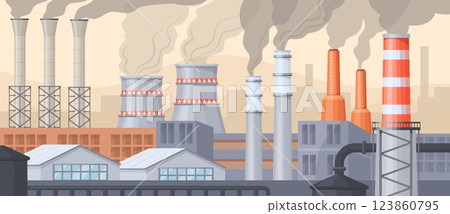 Factory air pollution. Polluted environment dirty bad ecology, industrial chimney toxic smoke pollute city sky, oil gas factory coal industry carbon smog, neat vector illustration Factory air pollution. Polluted environment dirty bad ecology, industrial chimney toxic smoke pollute city sky, oil gas factory coal industry carbon smog, neat vector illustration 123860795