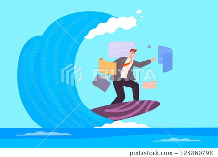 Businessman surfing internet. Business man surf on binary numbers digital wave, computer data analysis online programming virtual ocean engineering challenge vector illustration Businessman surfing internet. Business man surf on binary numbers digital wave, computer data analysis online programming virtual ocean engineering challenge vector illustration 123860798