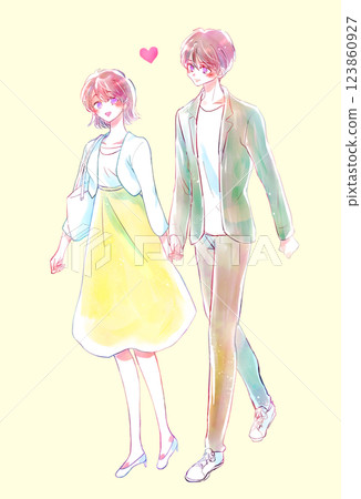 Men and women walking hand in hand in spring Men and women walking hand in hand in spring 123860927