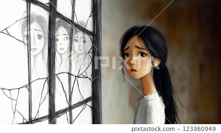 Southeast asian girl feeling sad and looking at broken window Southeast asian girl feeling sad and looking at broken window 123860949