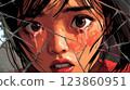 Young asian woman crying behind broken glass expressing sadness and despair 123860951