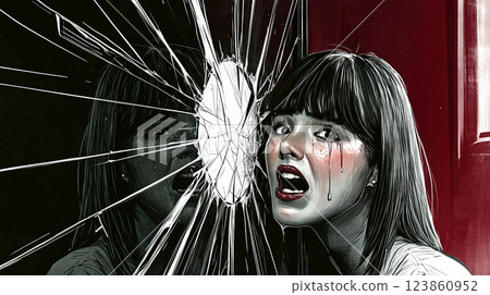 Southeast asian woman crying behind broken glass reflecting her despair Southeast asian woman crying behind broken glass reflecting her despair 123860952