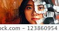 Southeast asian woman with partially broken mask expressing melancholy 123860954