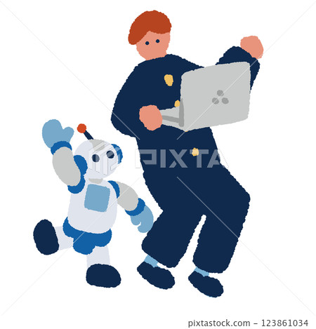 人工智慧機器人和一名男學生拿著電腦的插圖 123861034