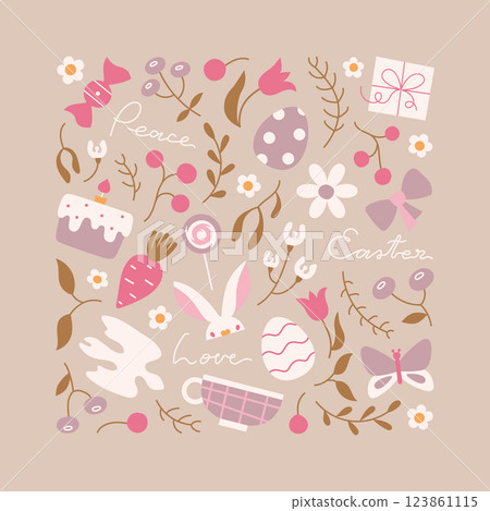 Easter festive banner, card template. Cute vector square frame with bird, rabbit, eggs, berry about peace, love. 123861115