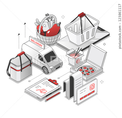 Food delivery - red and black isometric line illustration Food delivery - red and black isometric line illustration 123861117