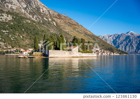 View from water of St. George Island near town Perast, Kotor bay, Montenegro 123861130