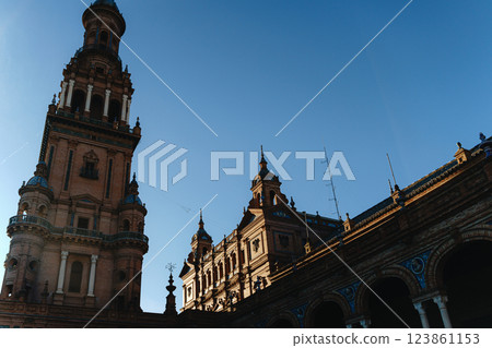 Historic architecture of Spain Square at dusk in Seville. Plaza de Espana 123861153