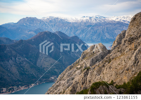 Panoramic view of Kotor Bay Boca and mountains from mountain view point in Montenegro in winter time 123861155