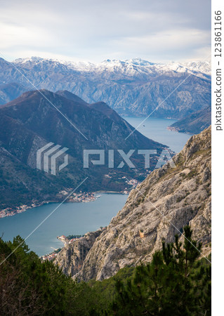 Panoramic view of Kotor Bay Boca and mountains from mountain view point in Montenegro in winter time Panoramic view of Kotor Bay Boca and mountains from mountain view point in Montenegro in winter time 123861166