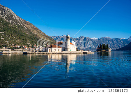 Church of Our Lady of the Rocks near Perast in Montenegro. Boka Kotor bay, Europe.  123861173