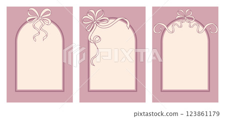 Coquette Greeting card templates set with wavy Bows. Cute Vector illustration of Arch frames on retro Pink background. Holiday clip art in retro coquette aesthetic. 123861179