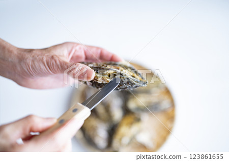 A woman with oysters in season in winter A woman with oysters in season in winter 123861655