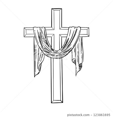 Sketch of a cross with a cloth. Hand drawn vector llustration. For easter, palm sunday . Religious theme. Crusifix. 123861695