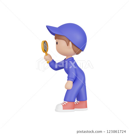 3DCG | A young man in work clothes inspecting something with a magnifying glass 123861724