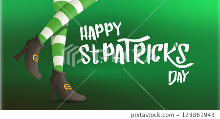 Saint Patricks day horizontal banner with leprechaun girls legs with green striped stocking on dark green modern gradient background with clovers. Saint Patrick day banner, poster design template Saint Patricks day horizontal banner with leprechaun girls legs with green striped stocking on dark green modern gradient background with clovers. Saint Patrick day banner, poster design template 123861943