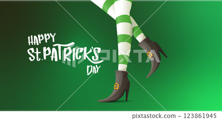 Saint Patricks day horizontal banner with leprechaun girls legs with green striped stocking on dark green modern gradient background with clovers. Saint Patrick day banner, poster design template 123861945