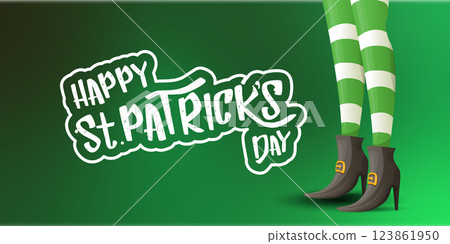Saint Patricks day horizontal banner with leprechaun girls legs with green striped stocking on dark green modern gradient background with clovers. Saint Patrick day banner, poster design template 123861950