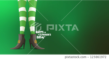 Saint Patricks day horizontal banner with leprechaun girls legs with green striped stocking on dark green modern gradient background with clovers. Saint Patrick day banner, poster design template Saint Patricks day horizontal banner with leprechaun girls legs with green striped stocking on dark green modern gradient background with clovers. Saint Patrick day banner, poster design template 123861972
