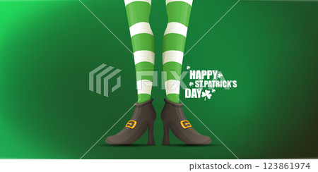 Saint Patricks day horizontal banner with leprechaun girls legs with green striped stocking on dark green modern gradient background with clovers. Saint Patrick day banner, poster design template Saint Patricks day horizontal banner with leprechaun girls legs with green striped stocking on dark green modern gradient background with clovers. Saint Patrick day banner, poster design template 123861974