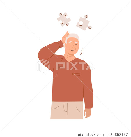 Elderly man experiencing memory loss and cognitive decline, touching his head with confused expression. Alzheimer disease dementia concept. Flat Style Vector Illustration isolated on white background. 123862187