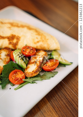 Breakfast Tortilla with Fried Tofu Cheese 123862213