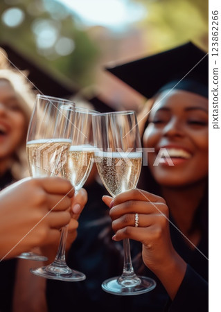 A close-up of hands holding champagne glasses 123862266