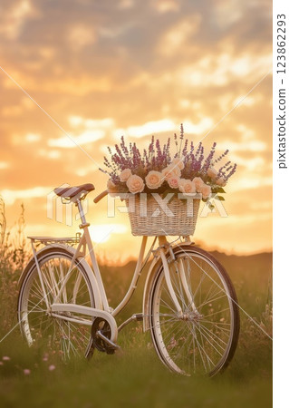 A retro bicycle with a basket full of roses and lavender 123862293