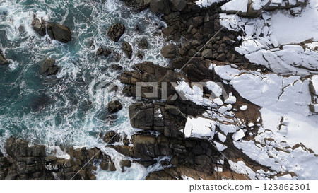 Tanesashi Coast in winter (rocks seen from directly above) - Hachinohe City, Aomori Prefecture, Japan Tanesashi Coast in winter (rocks seen from directly above) - Hachinohe City, Aomori Prefecture, Japan 123862301