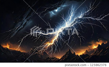 A thunderous, stormy mountain range towering over the world of RPG 123862378