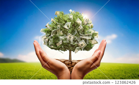 Hand holding a money tree (AI-generated image) 123862426