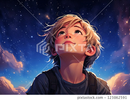 Boy looking up at the night sky Boy looking up at the night sky 123862591