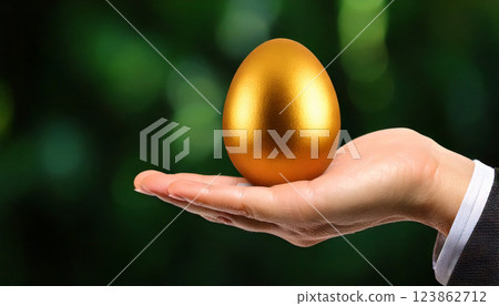 Hand holding a golden egg (AI-generated image) 123862712