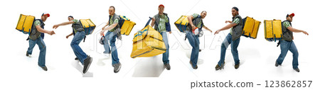 Fast-moving delivery worker in green checkered shirt carrying large yellow backpack and rushing forward. Fast-moving delivery worker in green checkered shirt carrying large yellow backpack and rushing forward. 123862857