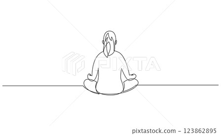 One line young meditating woman in lotus yoga pose, rear view design silhouette. Hand drawn minimalism style vector illustration, editable stroke. One line young meditating woman in lotus yoga pose, rear view design silhouette. Hand drawn minimalism style vector illustration, editable stroke. 123862895