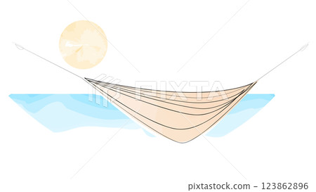 Hammock continuous line drawing. Sun and sea drawn in watercolor style. Hand drawn minimalism style one line art vector illustration. Hammock continuous line drawing. Sun and sea drawn in watercolor style. Hand drawn minimalism style one line art vector illustration. 123862896