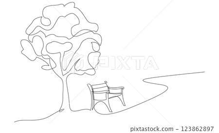 Wooden bench on a path in park continuous line drawing. Single line drawn place to relax in nature. One line art tranquility concept. Vector illustration. Wooden bench on a path in park continuous line drawing. Single line drawn place to relax in nature. One line art tranquility concept. Vector illustration. 123862897