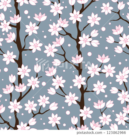 Magnolia or cherry blossom flowers on grey. Romantic spring background. Vector illustration Magnolia or cherry blossom flowers on grey. Romantic spring background. Vector illustration 123862966