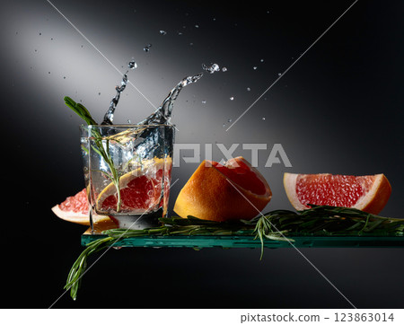 Hard seltzer with grapefruit slices and rosemary. 123863014