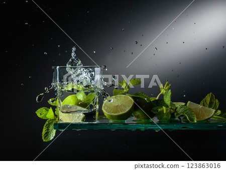 Hard seltzer with lime slices and mint. Hard seltzer with lime slices and mint. 123863016