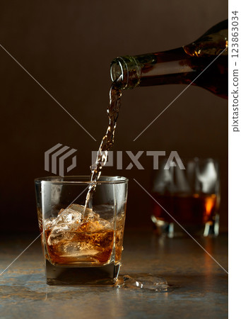 Whiskey is poured from a bottle into a frozen glass with natural ice. Whiskey is poured from a bottle into a frozen glass with natural ice. 123863034