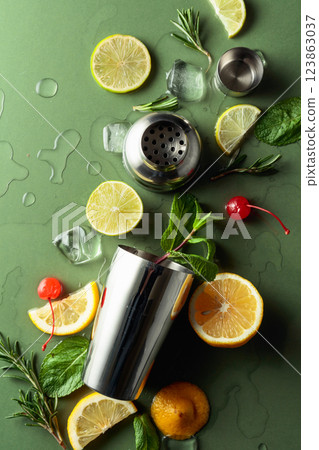Shaker with ingredients for making cocktails. Shaker with ingredients for making cocktails. 123863037