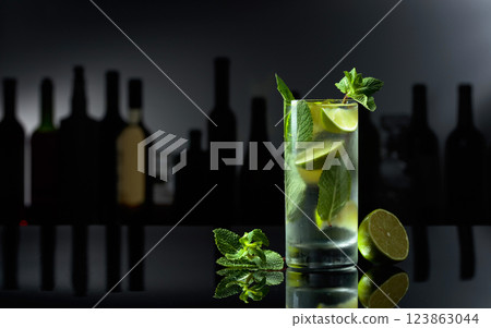 Cocktail Mojito on a black table in a bar. 123863044