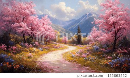 A fantastical landscape of spring mountain paths and cherry blossoms in full bloom 123863232
